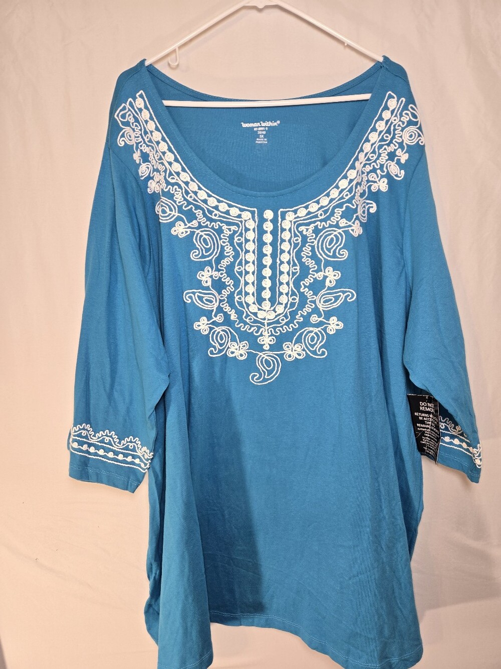 Woman Within US Womens Plus Size 5X Turquiose Top Tunic Shirt White Embroidery